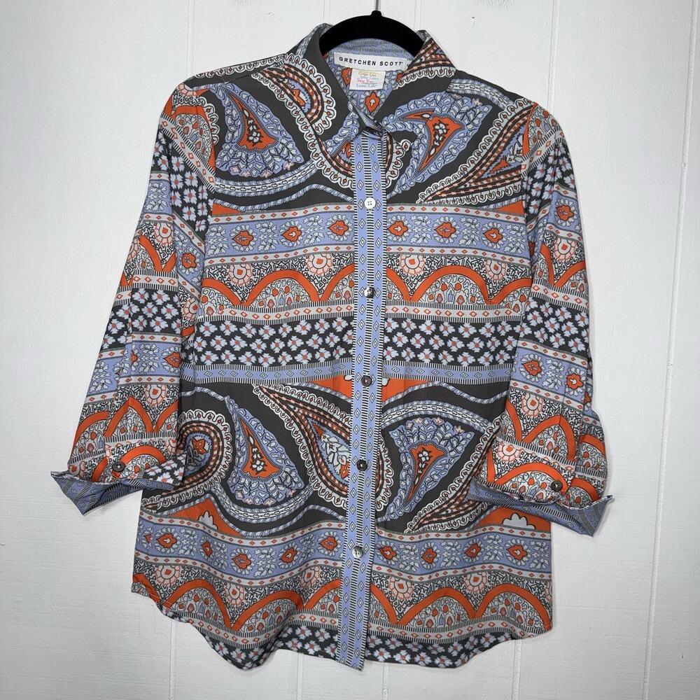 Gretchen Scott Women’s Paisley Park Top Button Up Blouse Blue Orange Size Small